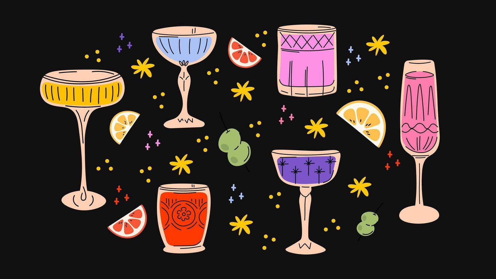 hippie cocktails hand-drawn summer drinks in colorful glasses, drinkware, tumblers, jars, flutes, cups, and goblets vector
