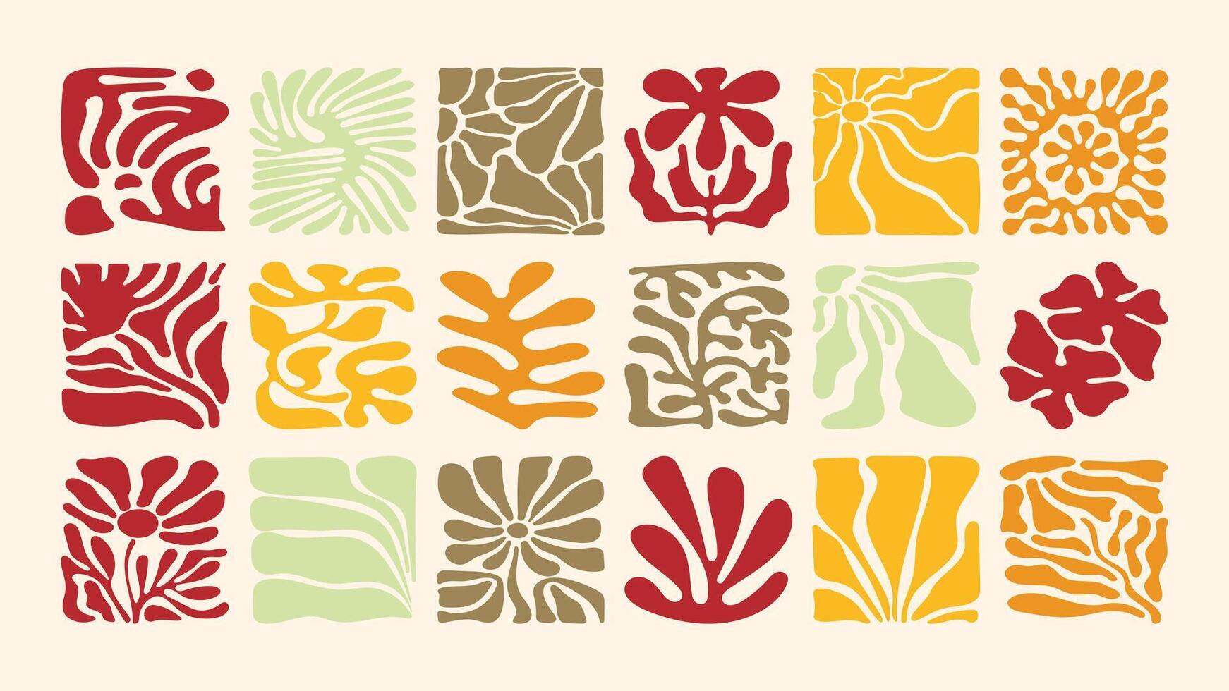 Hand drawn pattern with exotic flowers and leaves, wavy lines and retro 70s vibe, tropical and coastal decor, surface design template vector
