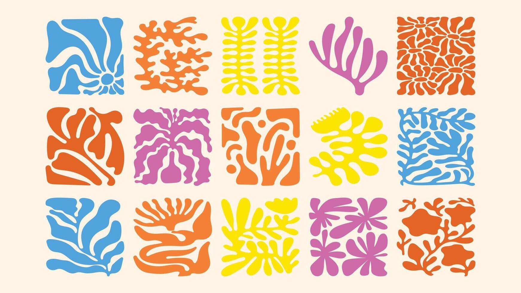 print with wavy florals, tropical plants and funky shapes, hand drawn style, modern and fresh surface pattern design vector