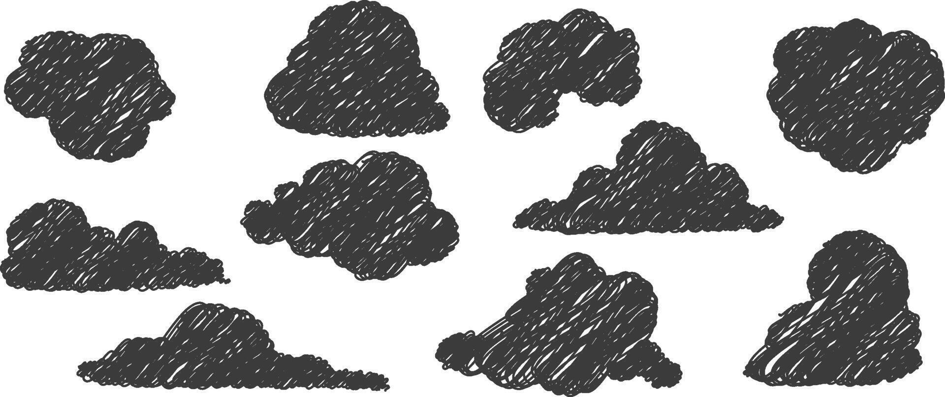 A set of black clouds drawn by hand vector