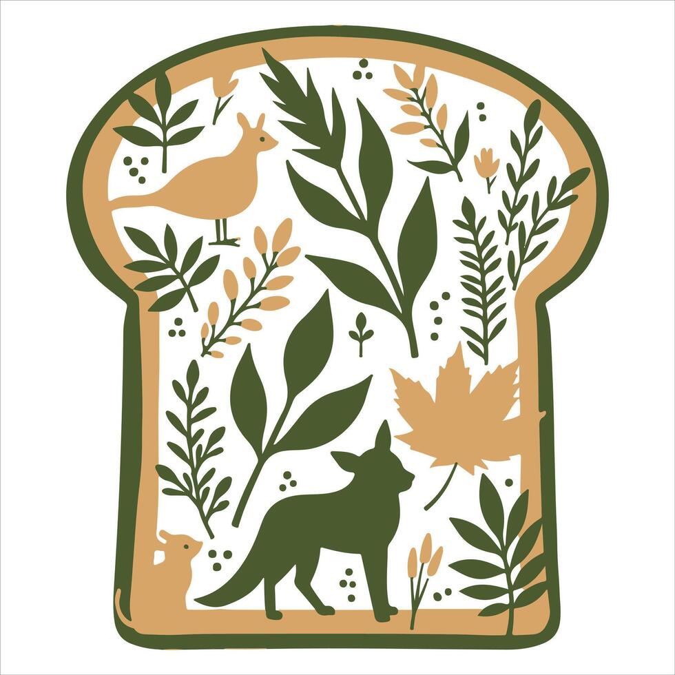 Forest Animals and Foliage in Bread Shape vector