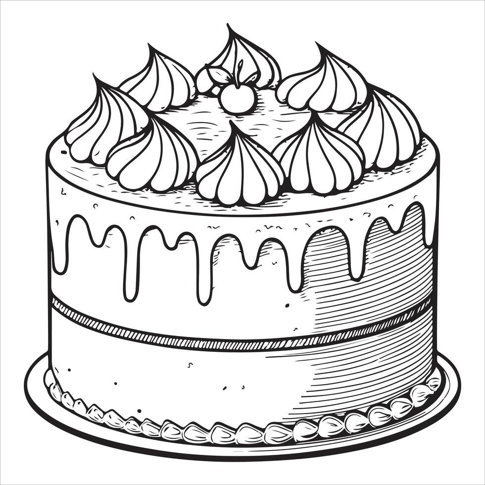 Children's and adults' coloring page depiction of a cake outline vector
