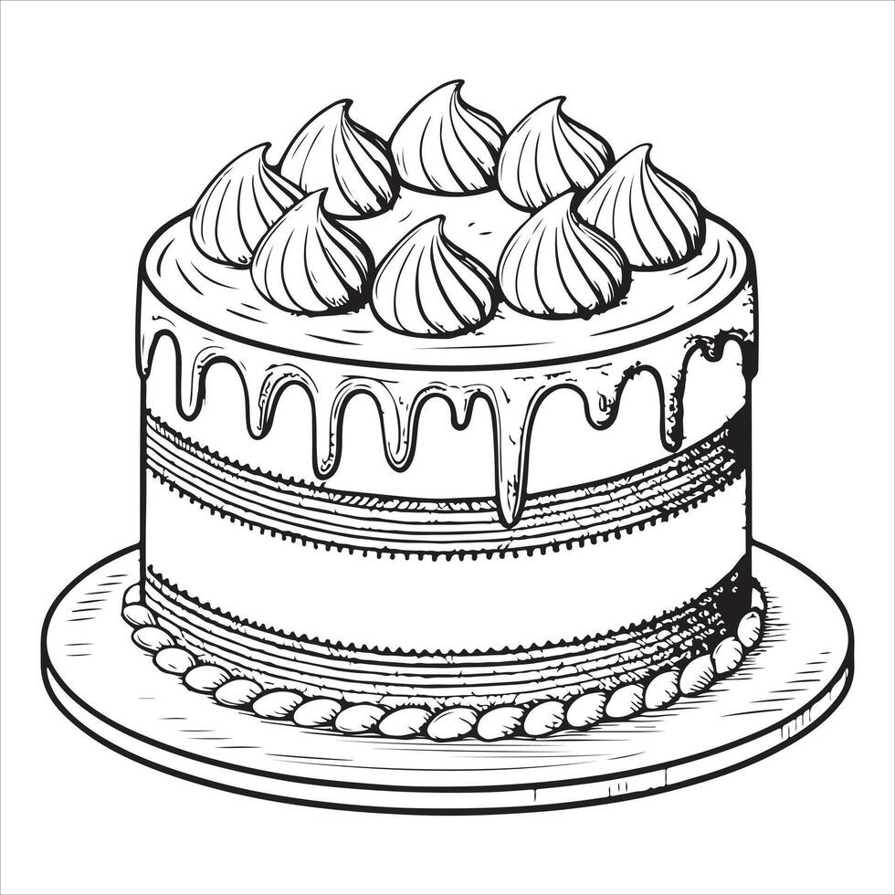 Coloring page of a cake. Adult and child coloring page of a birthday cake. Amazon KDP's mid-content coloring page. Cake coloring sheet vector