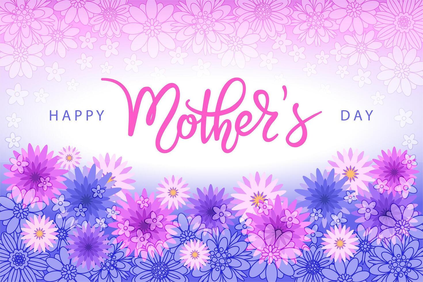 Spring floral banner with pink and purple flowers. Happy Mothers Day hand written lettering. Modern elegant calligraphy. design template for greeting card, poster, wallpaper. vector