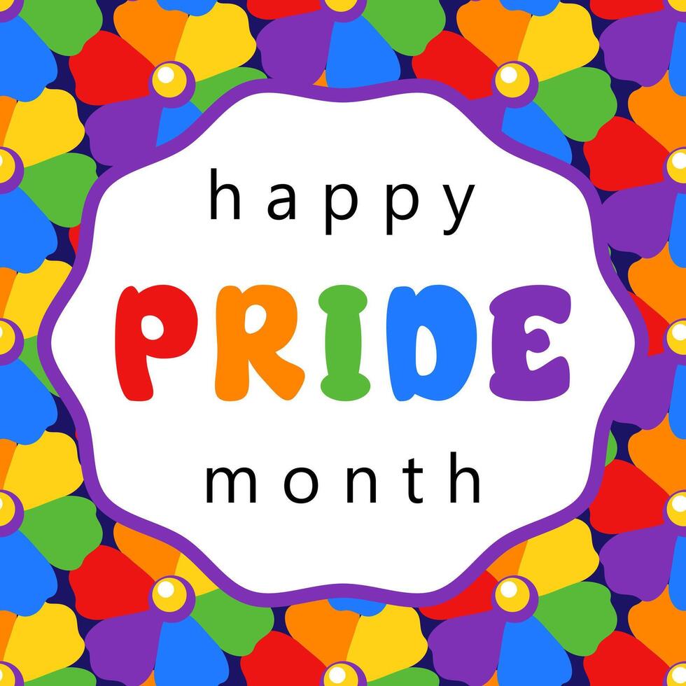 Happy Pride month greeting card with lettering in rainbow colors of LGBTQ vector