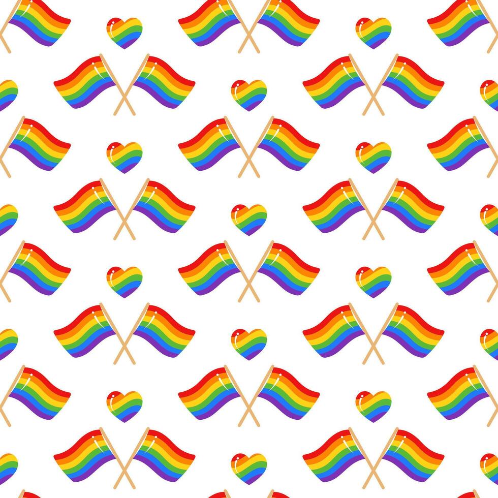 Pride month seamless pattern with rainbow LGBT flag on white background vector