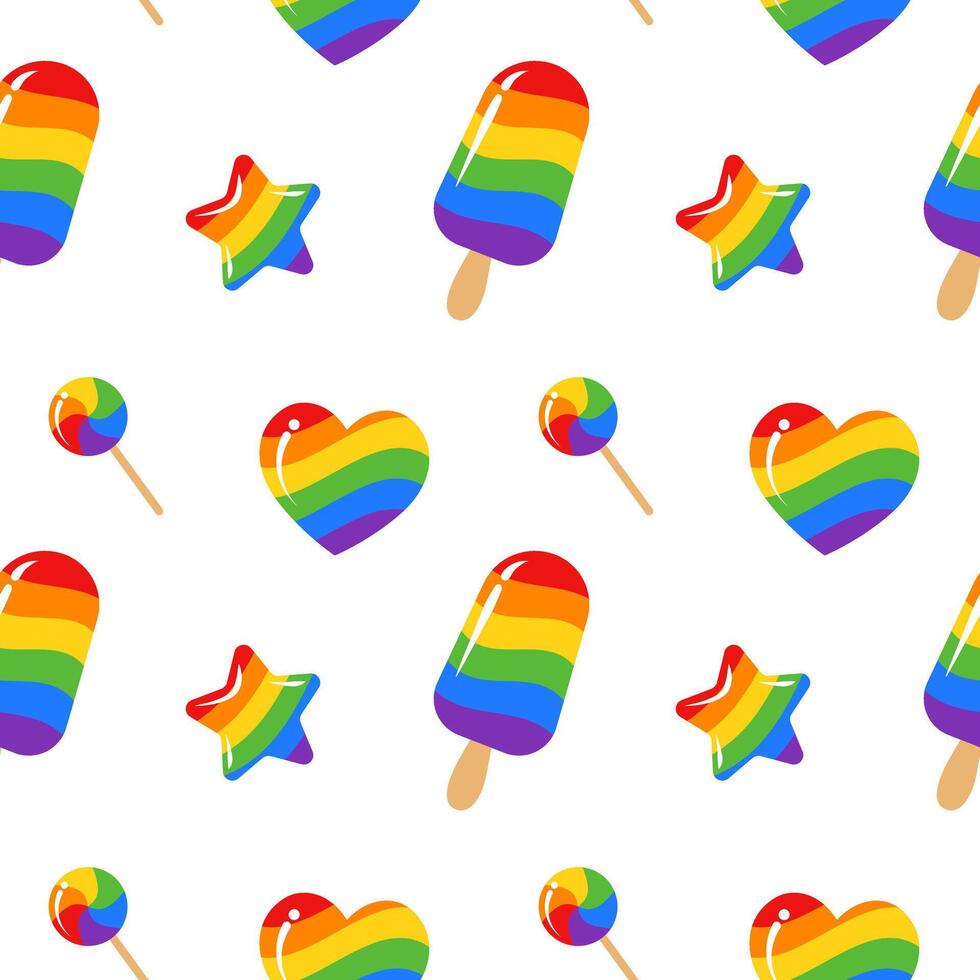 Seamless pattern with multicolored ice cream, candy, heart and star vector