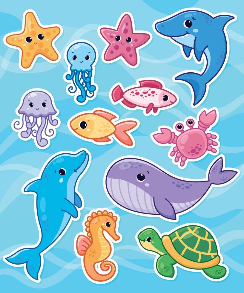 Set of cute cartoon sea animals. Sticker design. characters vector