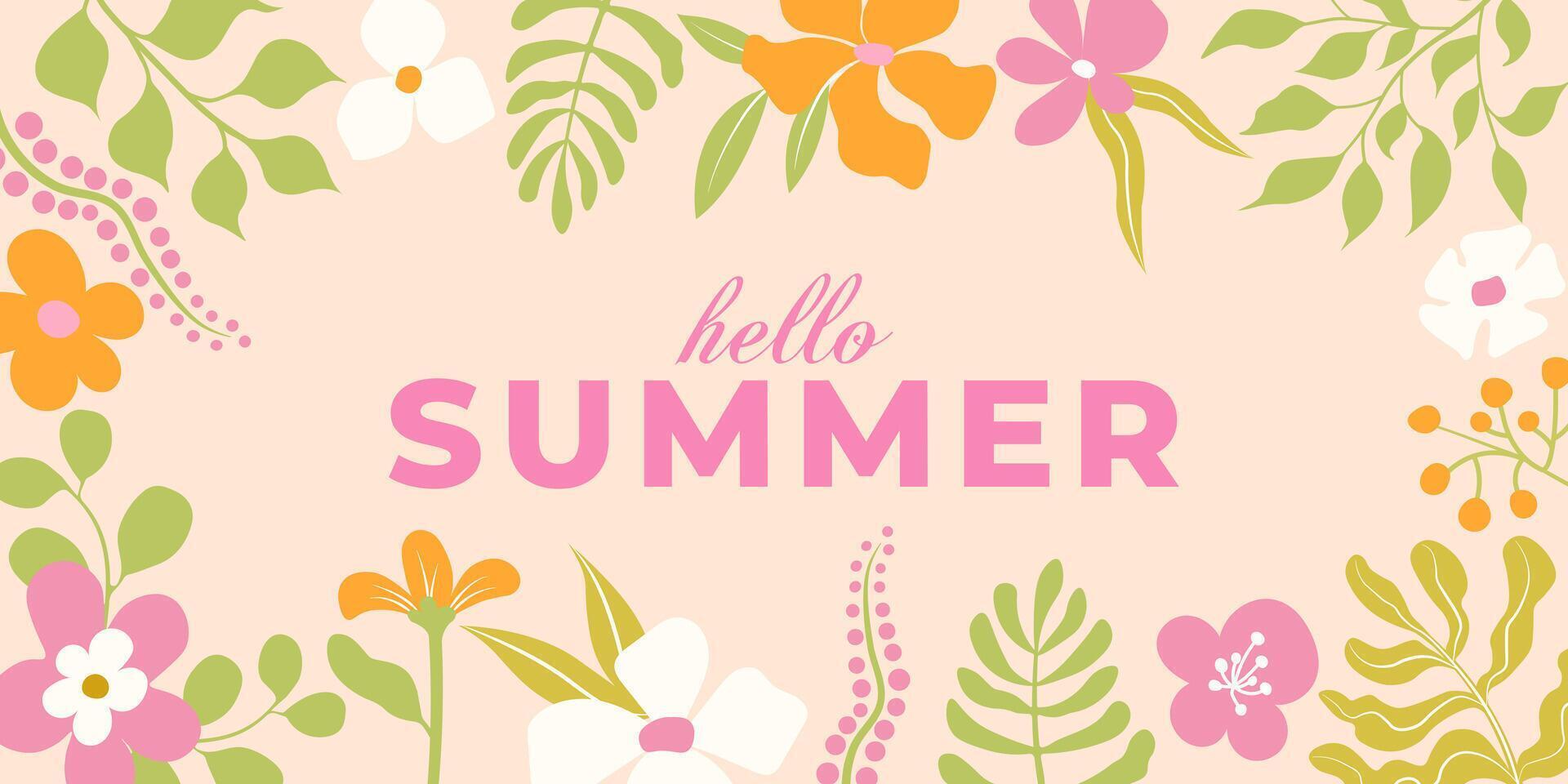 Bright summer illustration with hand-drawn flowers, leaves and Hello Summer lettering. Pastel style on peach background. Perfect for greeting cards, social media, posters, and seasonal designs. vector