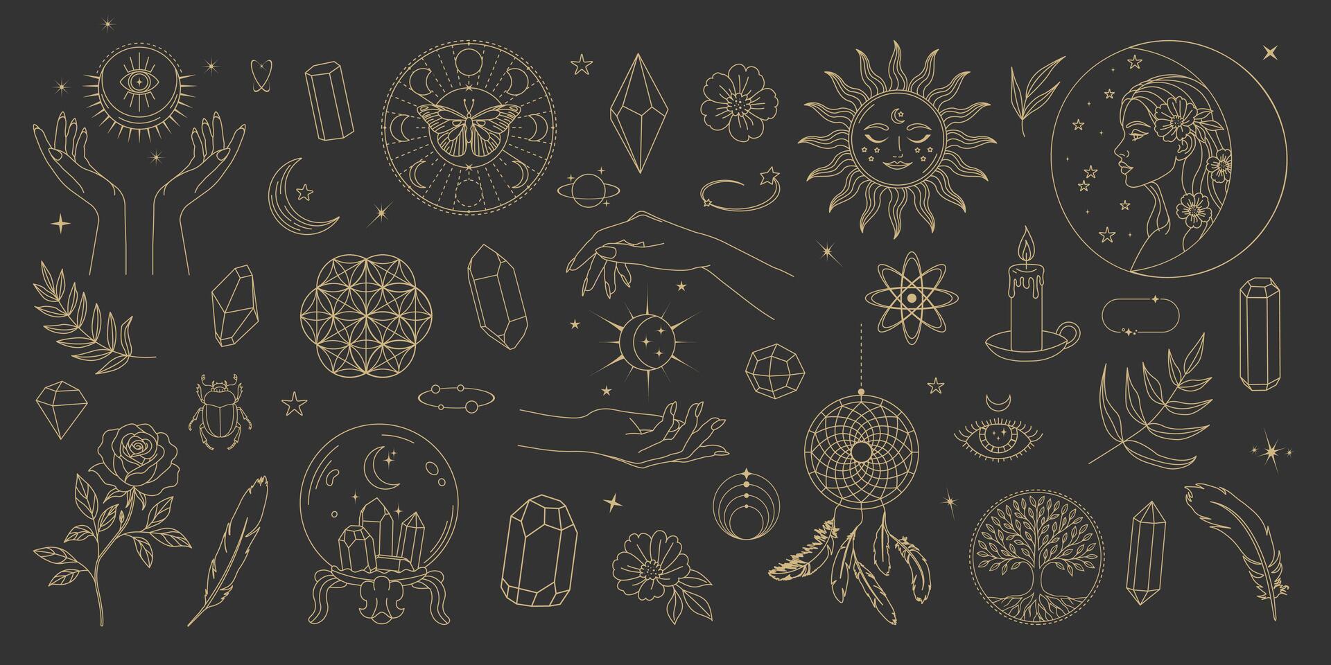 Mystical boho line art set with esoteric and astrology symbols, gold on black. Ideal for posters, stickers, tattoos, social media, packaging, and magical-themed graphic design projects. vector