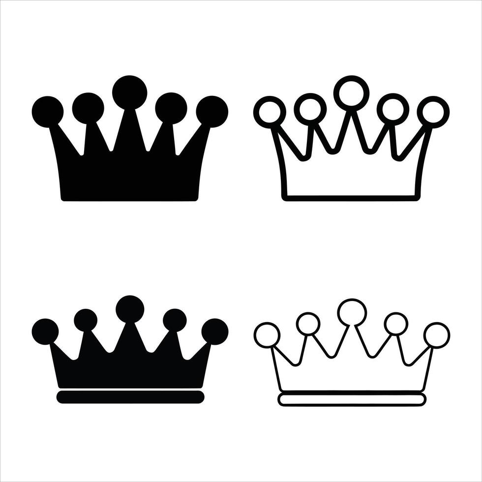 Set of four simple crown icons. Includes black silhouette and outline styles. Ideal graphic elements for representing royalty, leadership, luxury, or winning status in designs. vector