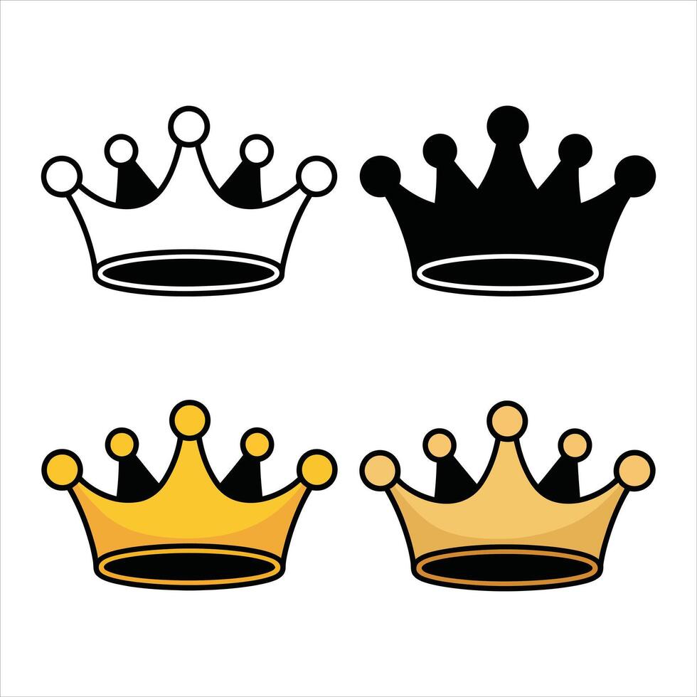 Collection of royal crown graphics in black and gold. Features outline, solid silhouette, and shaded gold styles. Versatile icons for logos, awards, or luxury branding. vector