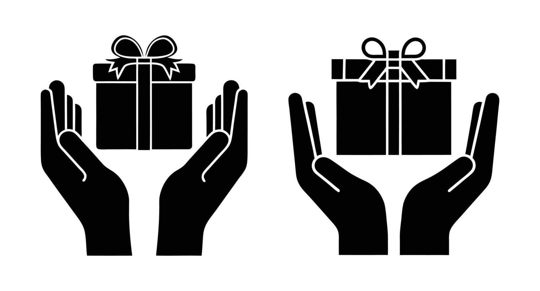 Black silhouette of hands holding gift boxes. Ideal for concepts of giving, celebration, surprise, and charity. EPS format. vector
