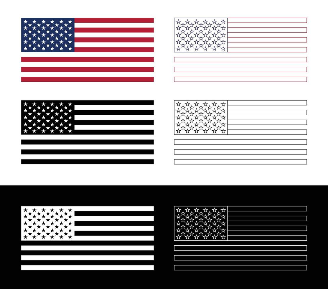 USA flag set with multiple styles and color, outline, black and white on light and dark backgrounds. Perfect for patriotic, political, or design projects. vector