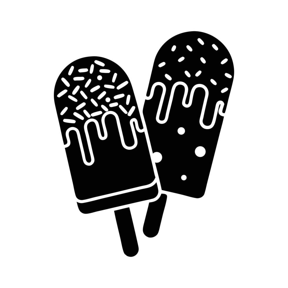 Pair of black silhouette popsicle icons with sprinkles and drizzle. Ideal for summer, dessert, and sweet treat designs. EPS . vector
