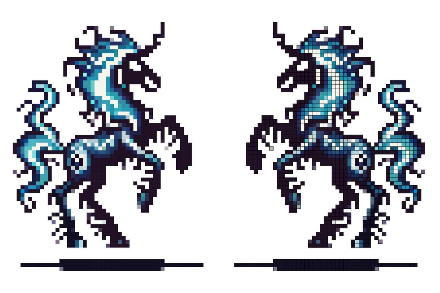 Detailed pixel art features a blue and black unicorn rearing up, showcasing flowing mane and mystical swirls that enhance its magical appearance vector