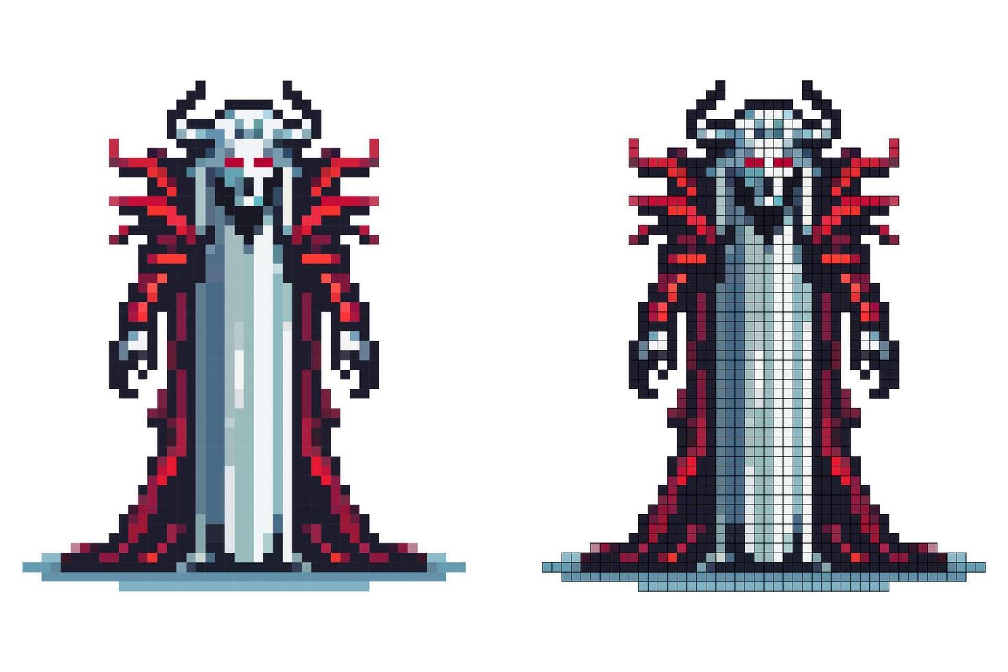 A pixelated character with a skull-like face and red eyes stands confidently in a flowing dark cape. The character exudes a menacing presence, surrounded by an aura of mystery vector