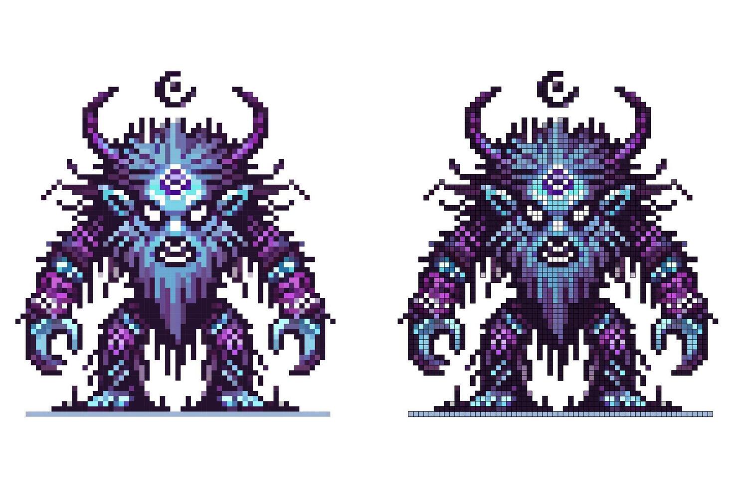 A powerful creature stands tall with prominent horns and glowing symbols on its forehead. The vibrant pixel art features intricate details, showcasing a blend of colors, emphasizing its mystical aura vector