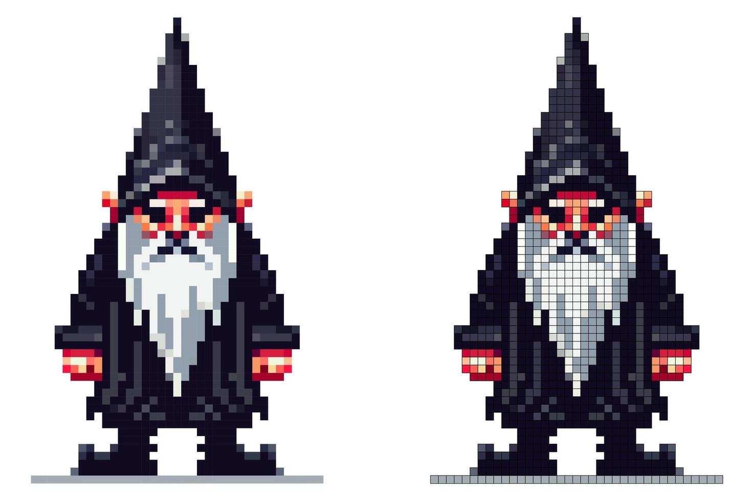 A wizard character in pixel art style stands with a pointed hat and a long white beard. The character's dark robe adds to the magical atmosphere of the artwork vector