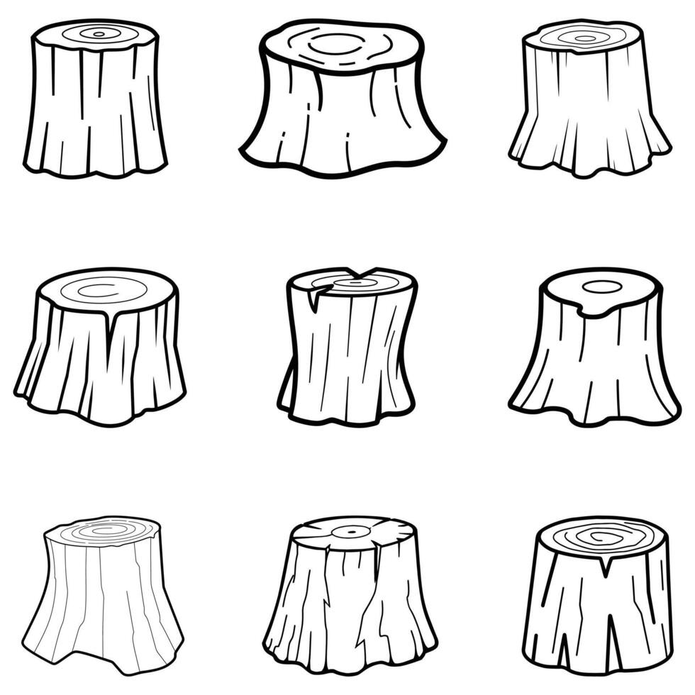 a tree stump set black line textured natural wood element. vector
