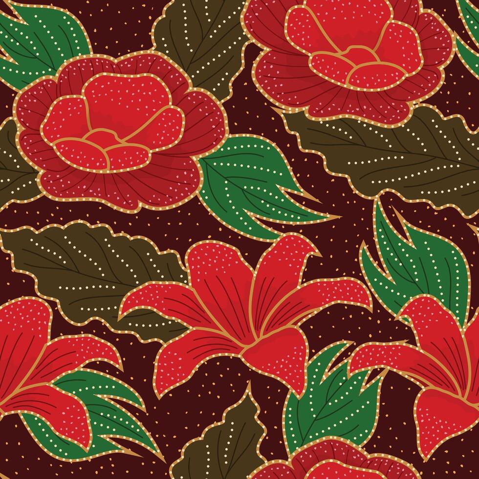 Seamless batik pattern , accented with gold detailing. The design evokes a rich, rustic, and elegant mood. vector