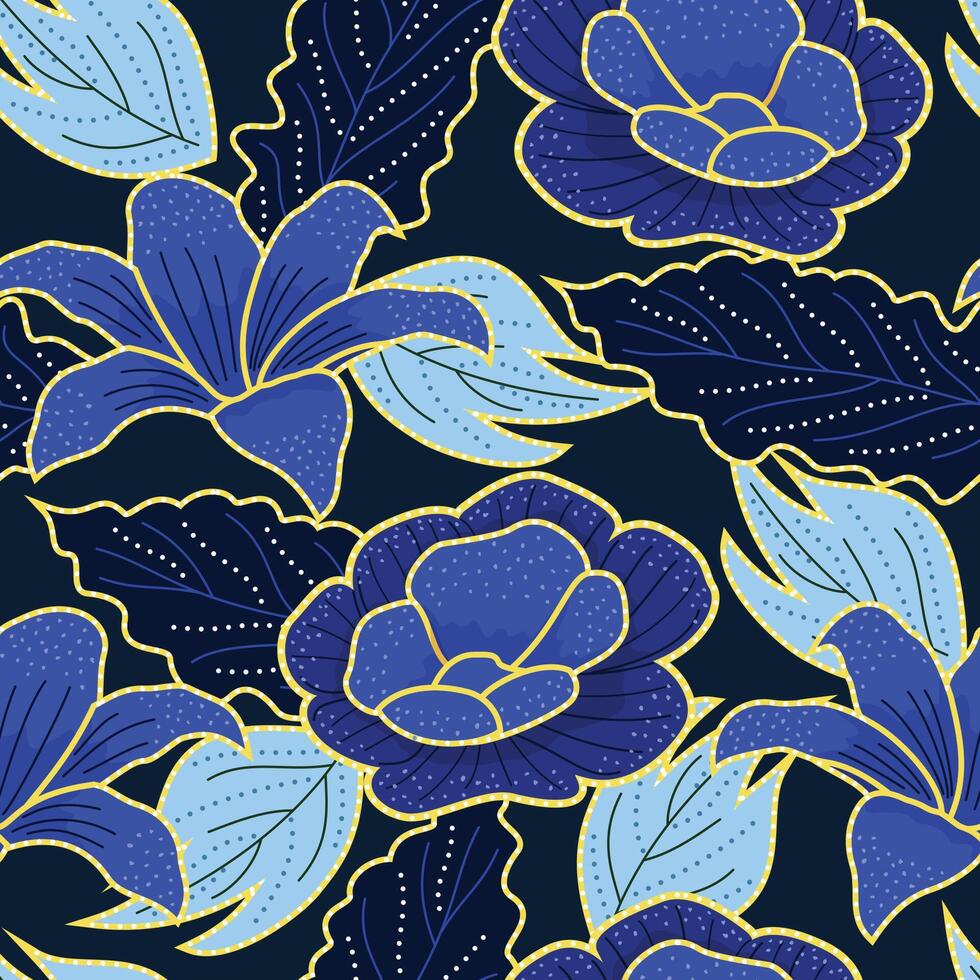 Intricate red lilies and white roses blossom seamless batik pattern on a warm terracotta background, accented with gold detailing. elegant mood. vector