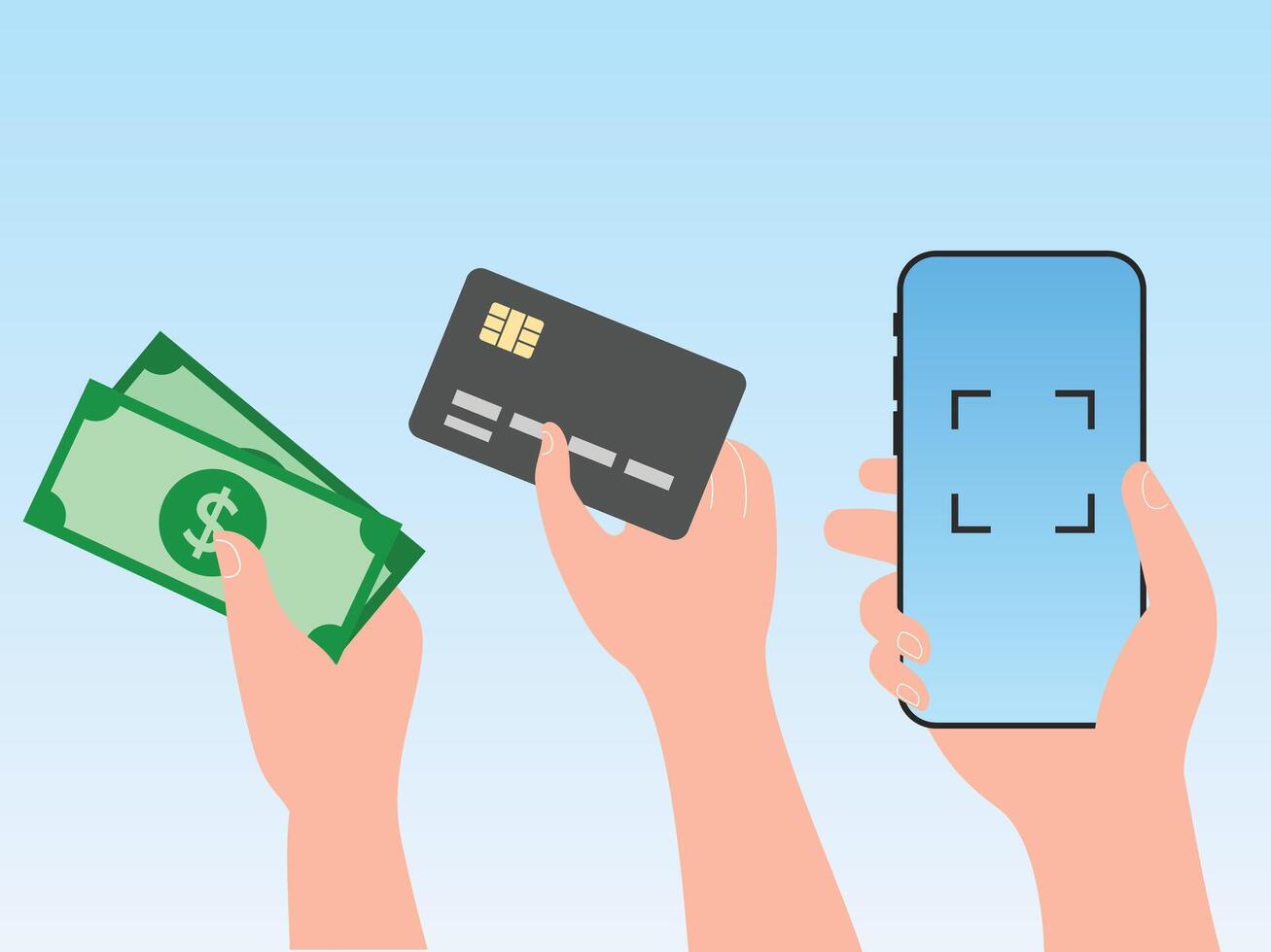 Various Payment methods, Online payment and transfer money. cash, hand holding phone, money and card vector