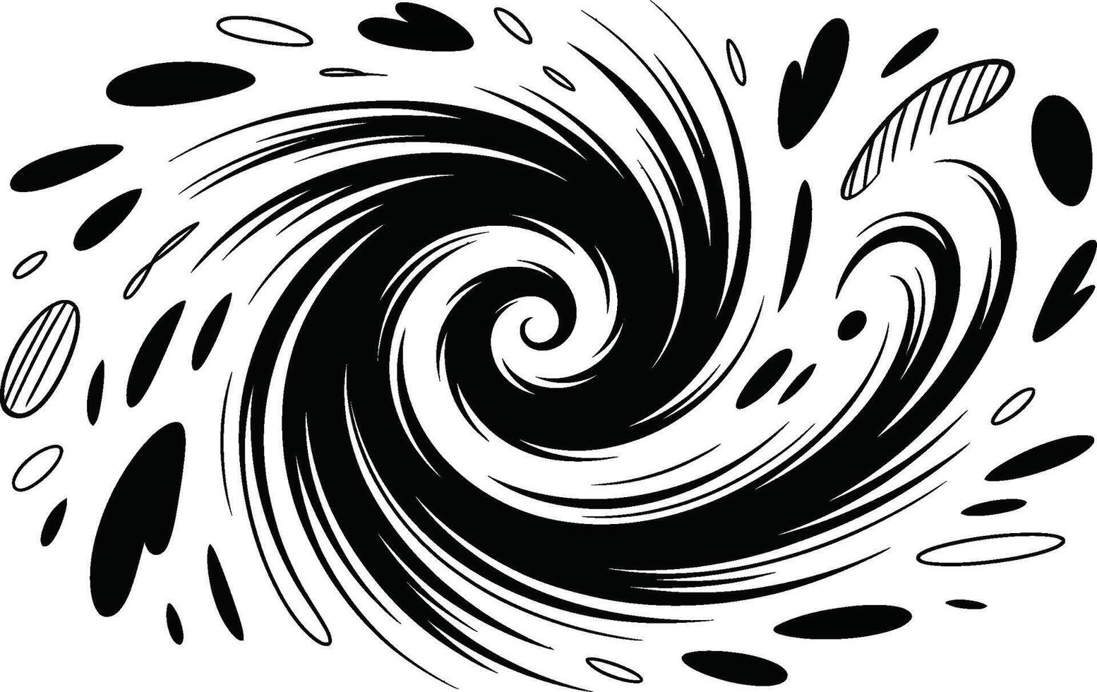 Swirling abstract black and white spiral design with decorative scattered shapes and dynamic lines vector