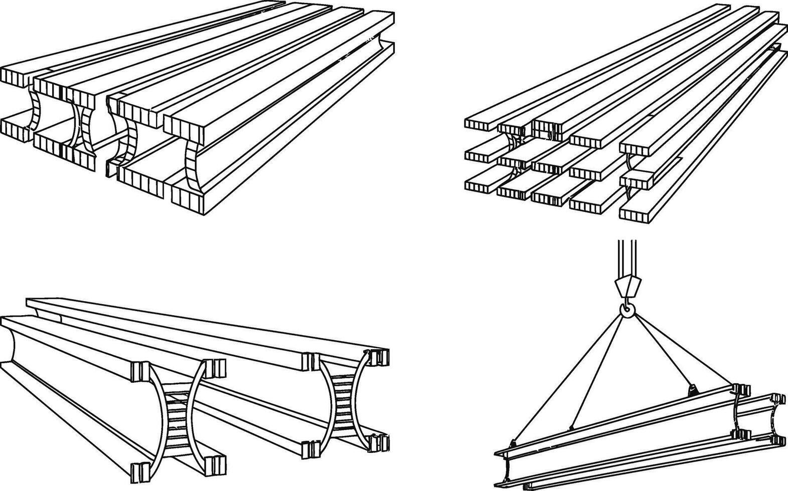Construction elements and steel beams depicted in an architectural illustration with black outline vector