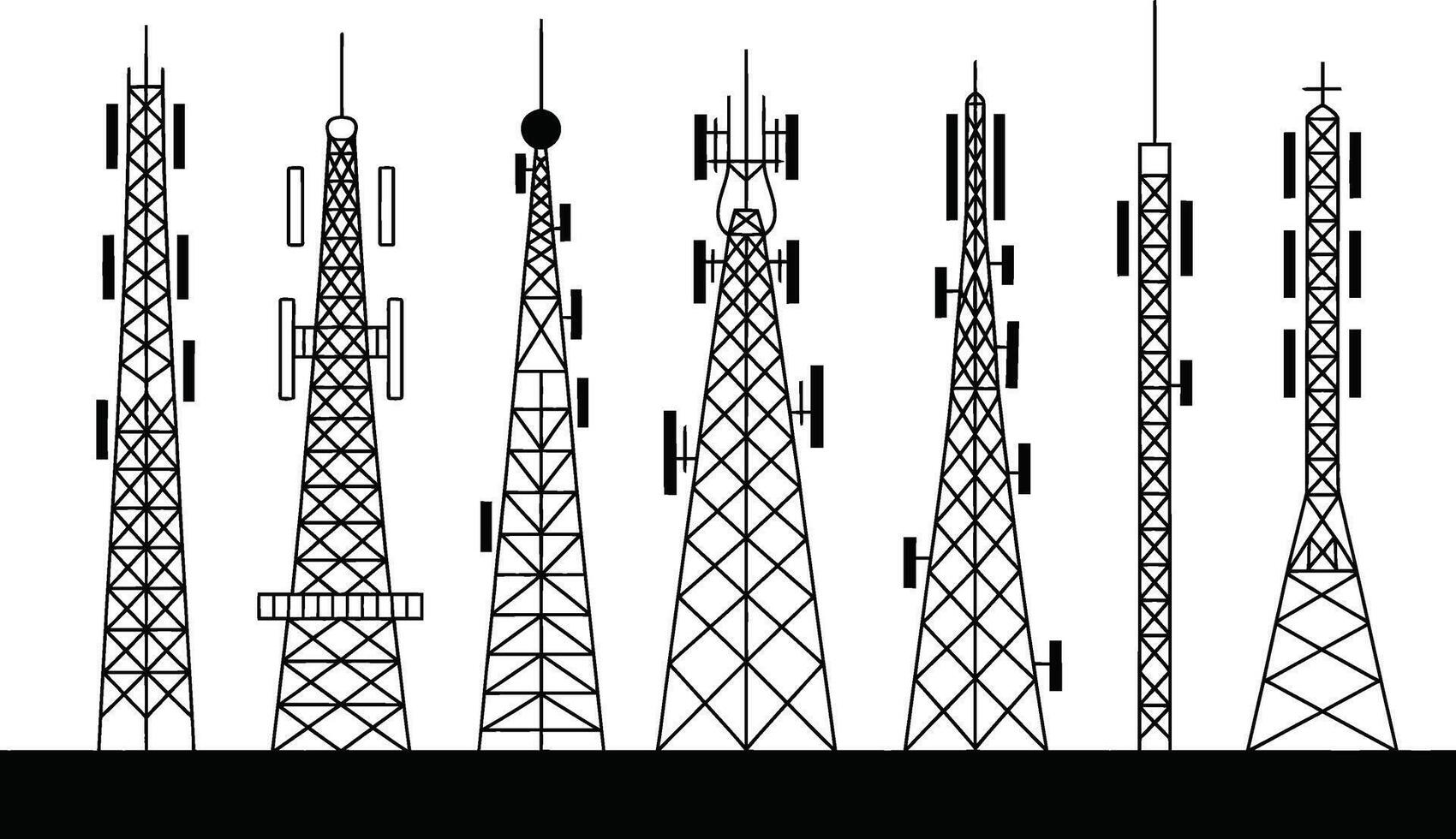 Collection of diverse communication towers silhouetted in a row showing infrastructure and networks. vector