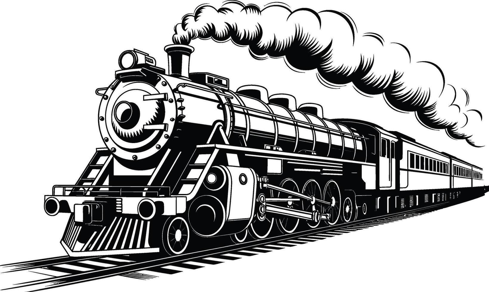 Vintage steam engine train silhouette traveling on tracks with smoke and passenger cars vector