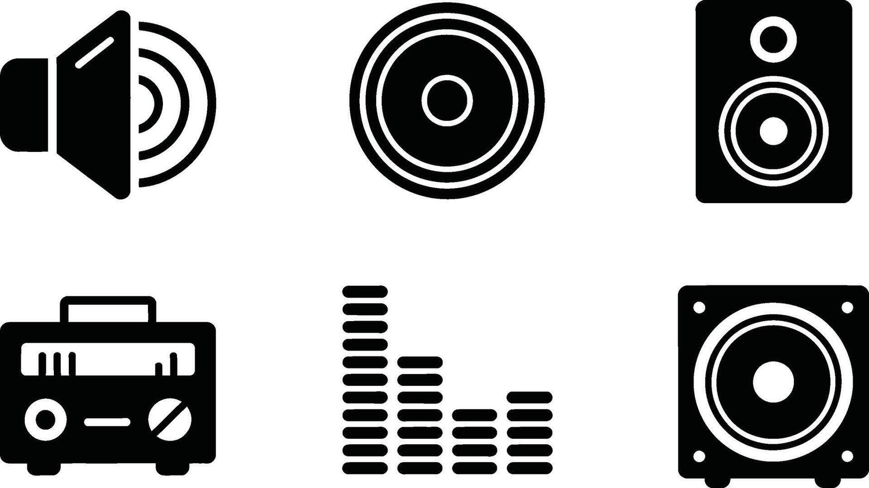 Black and white audio icons representing sound equipment and music related elements vector