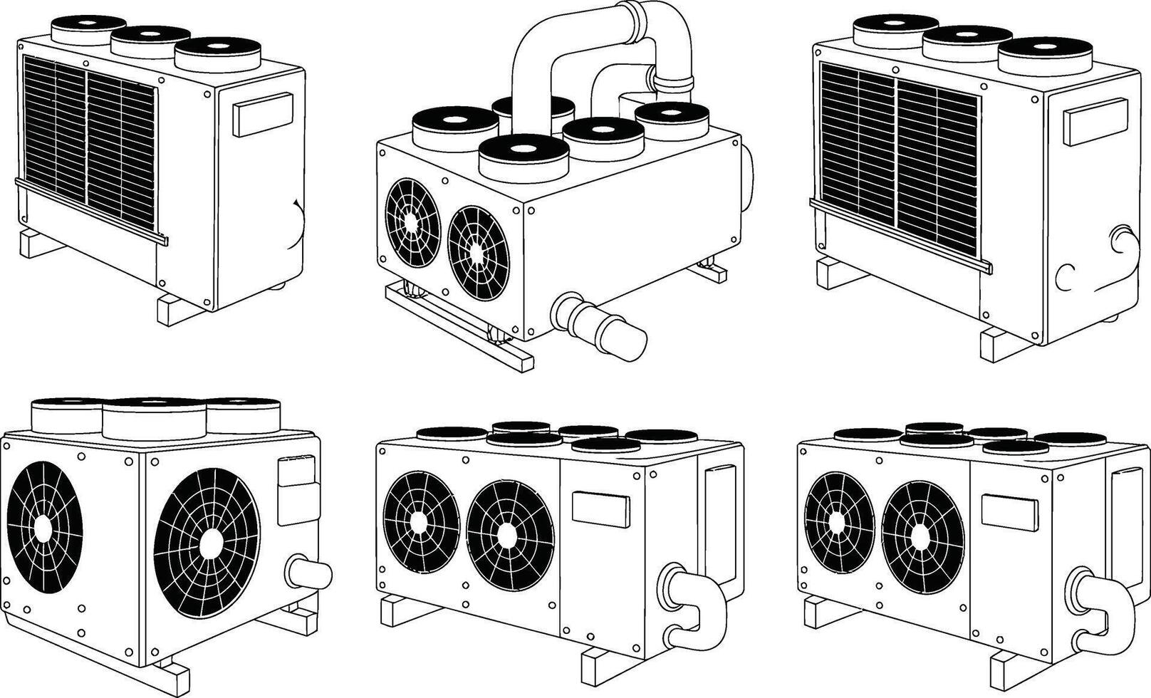 illustration of commercial air conditioner units in various angles and detailed outline style vector
