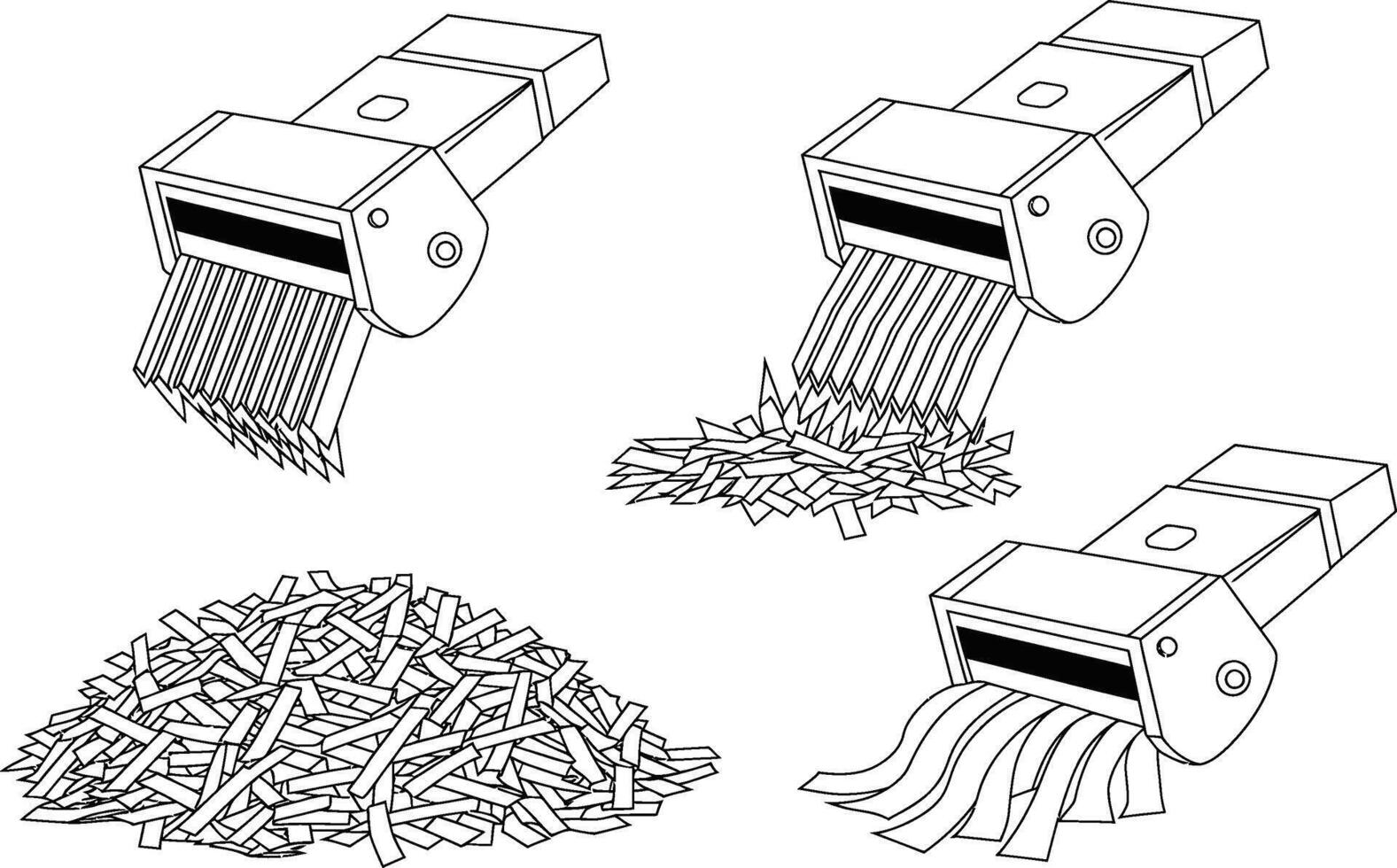 Illustration of a paper shredder in various stages of operation and its resulting shredded pieces vector