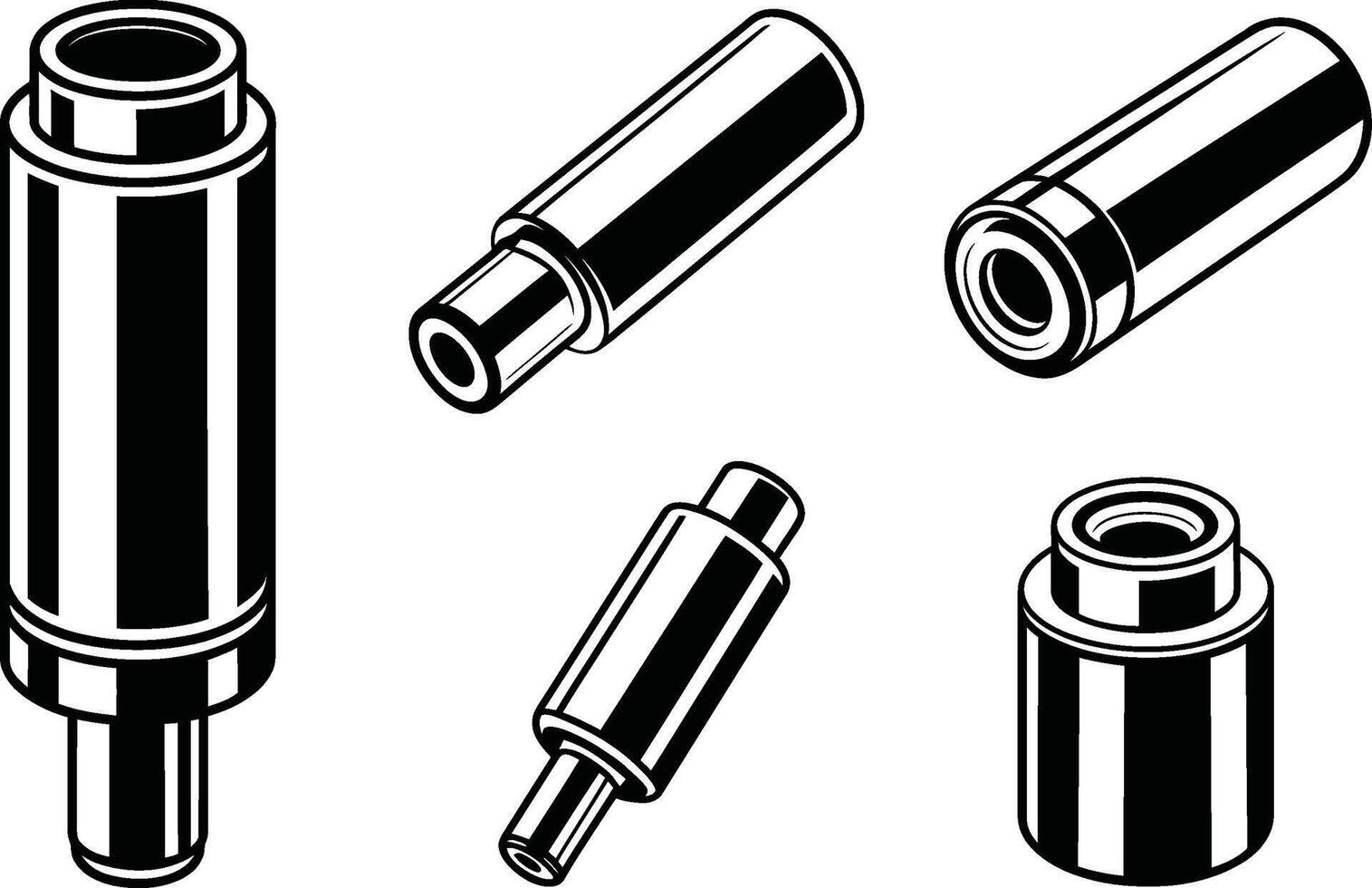 Isometric view of various cylindrical industrial components in black and white design vector