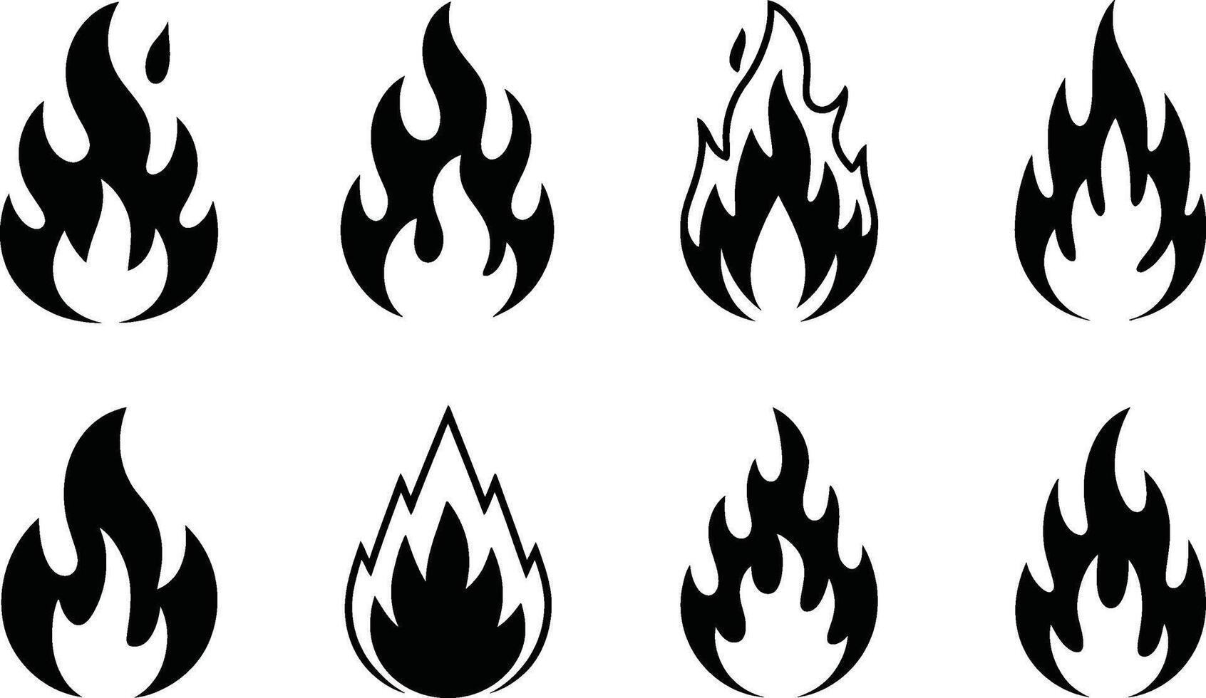 Collection of eight black and white fire flame silhouette icons for design and decoration vector