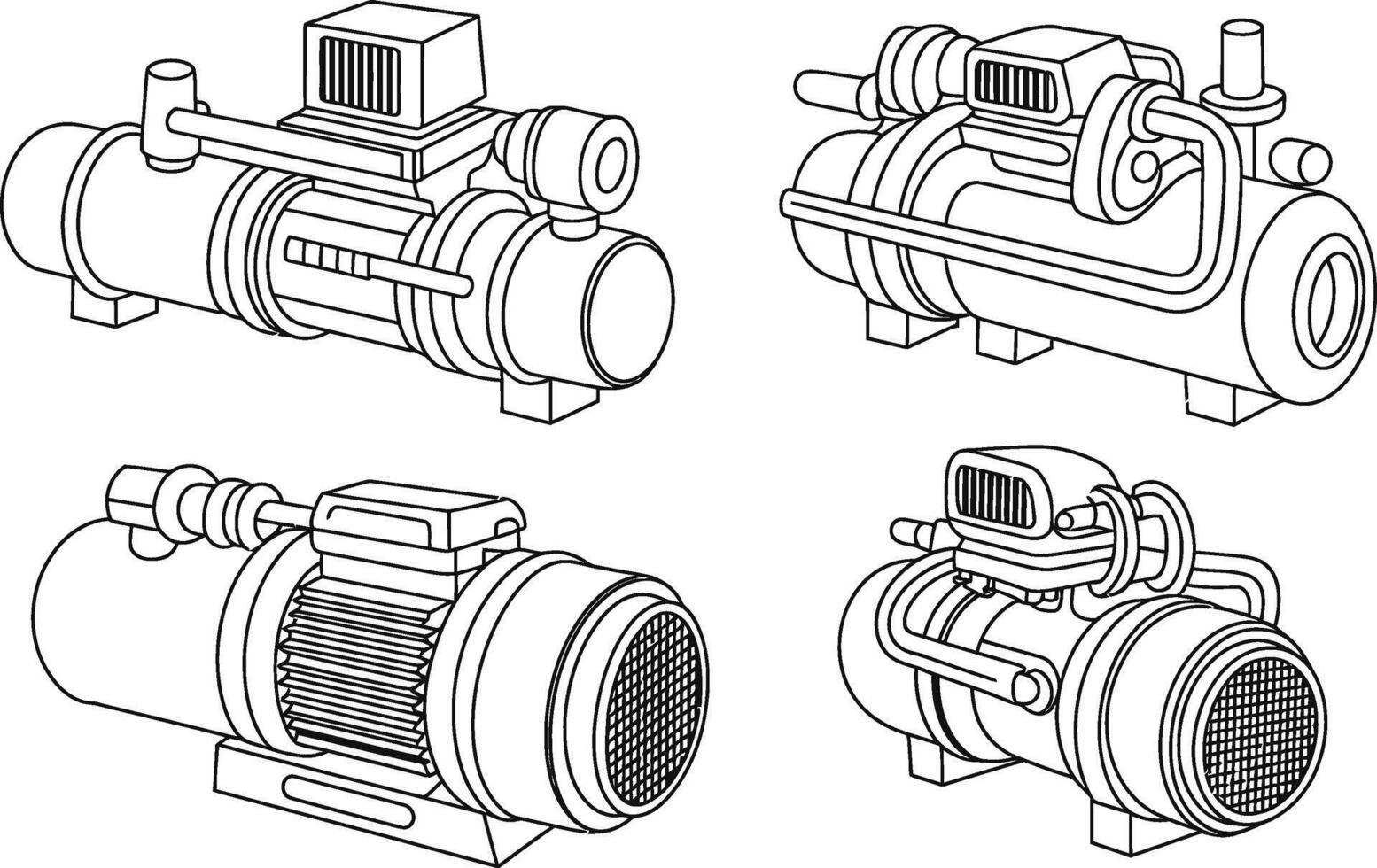 Isometric view line art illustrations of industrial water pumps for mechanical engineering and design vector