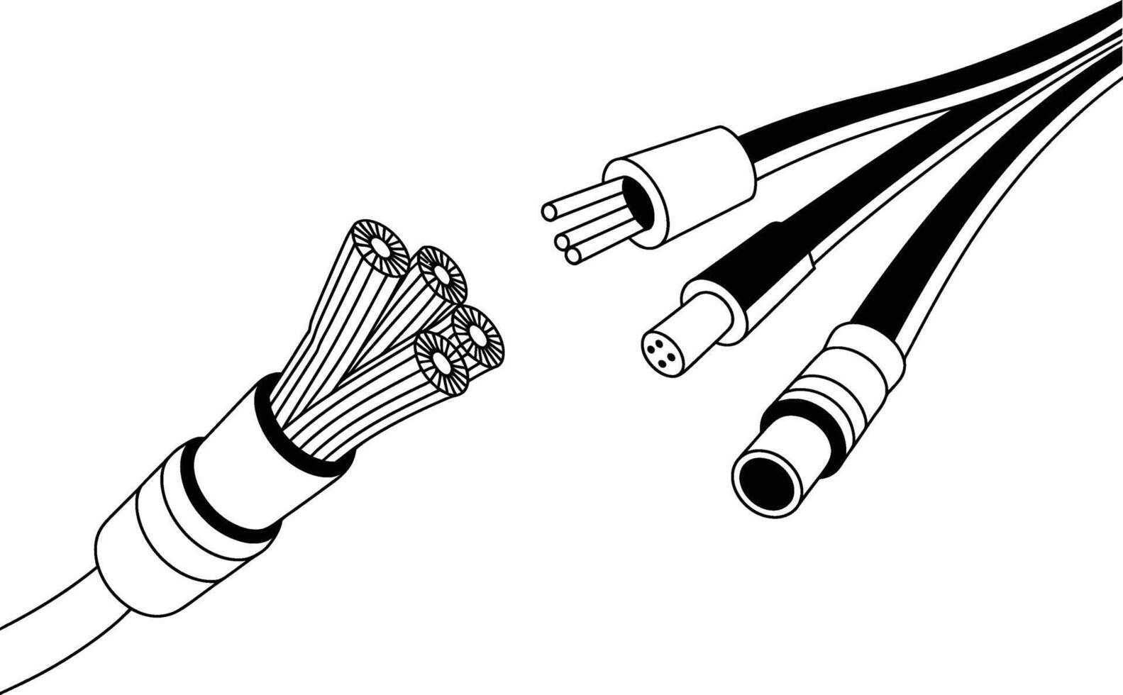 Detailed black and white illustration of various electrical cable connectors and wires vector