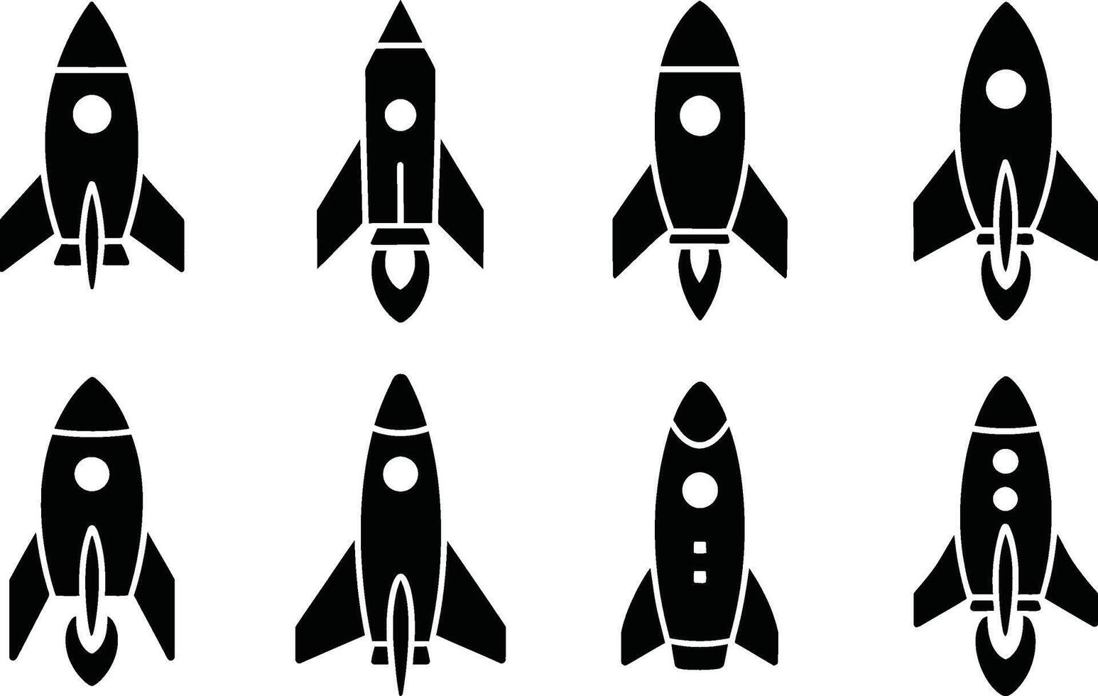 Collection of black rocket ship silhouettes with different designs for space exploration concepts vector