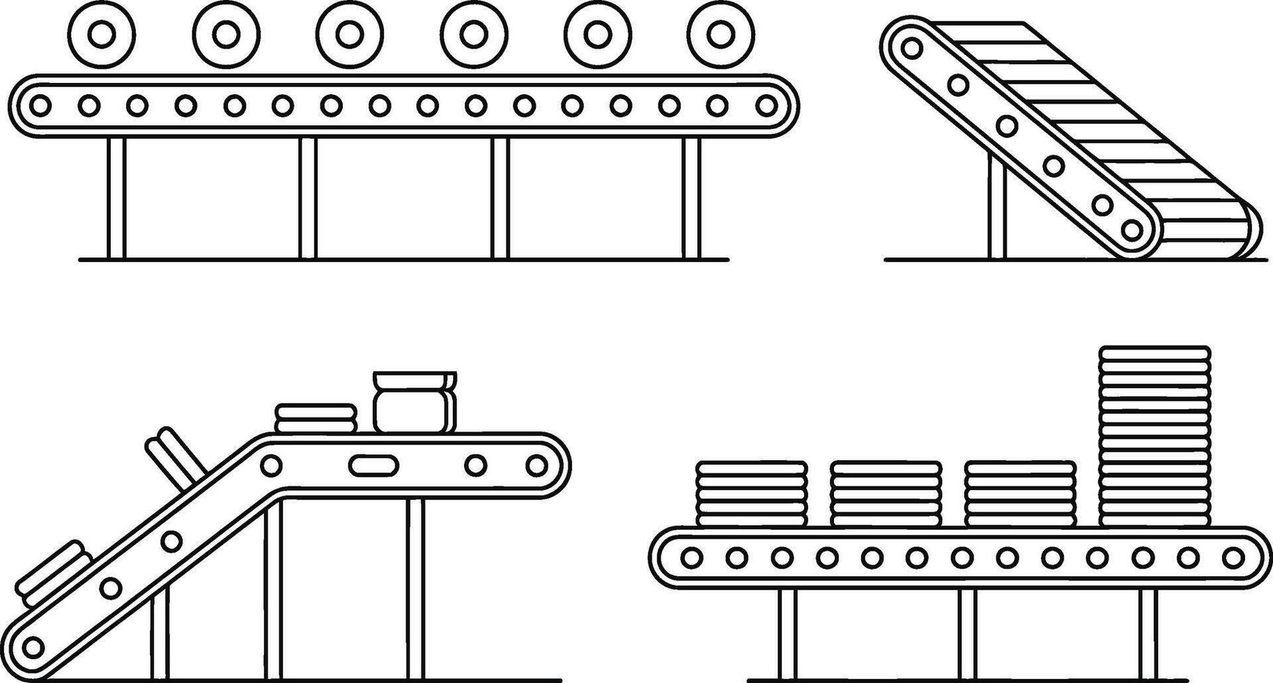 Outlined conveyor belt systems for factory production and industrial manufacturing processes vector