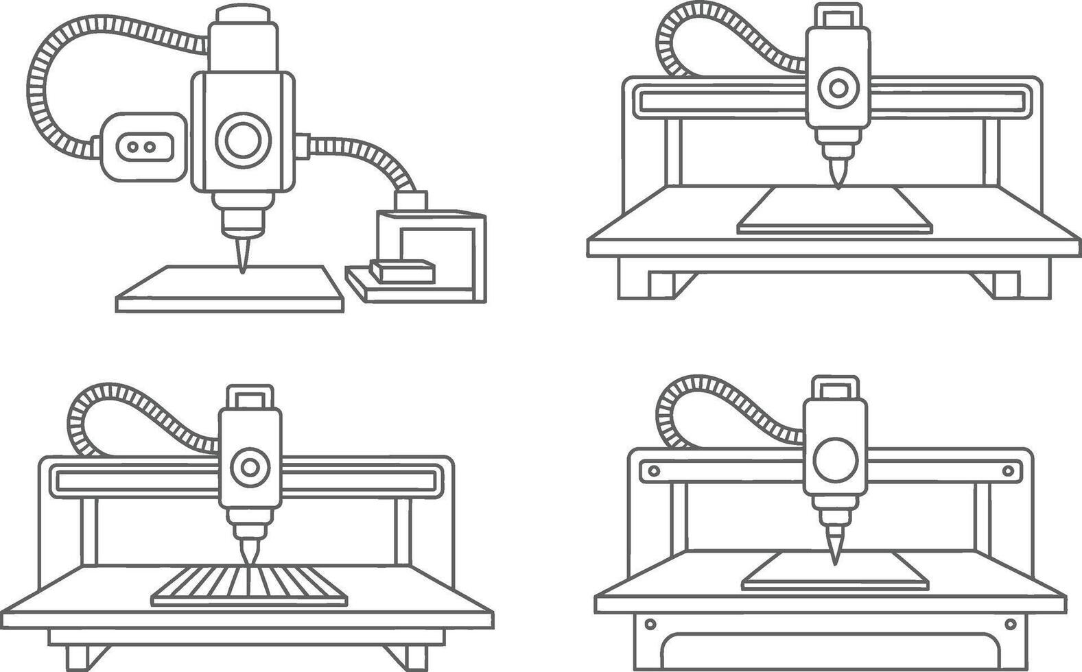 Illustrative depictions of different industrial cnc machine setups and operation process in outline style. vector