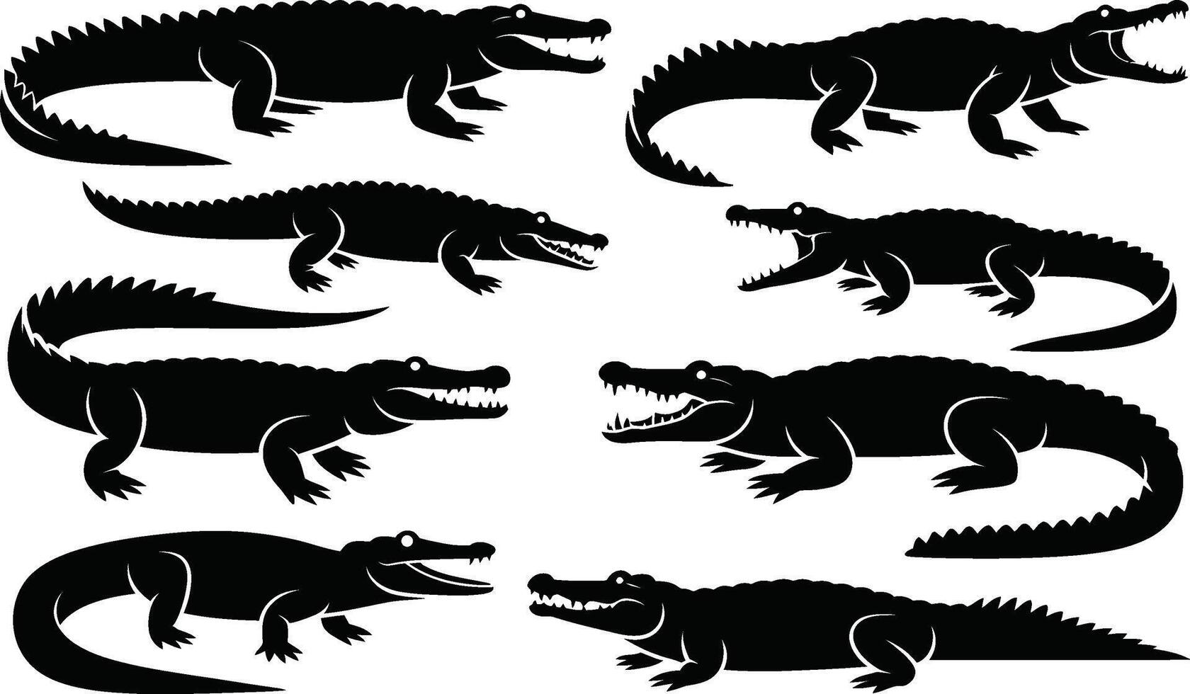 illustration of various black silhouette alligator and crocodile poses on a white background vector