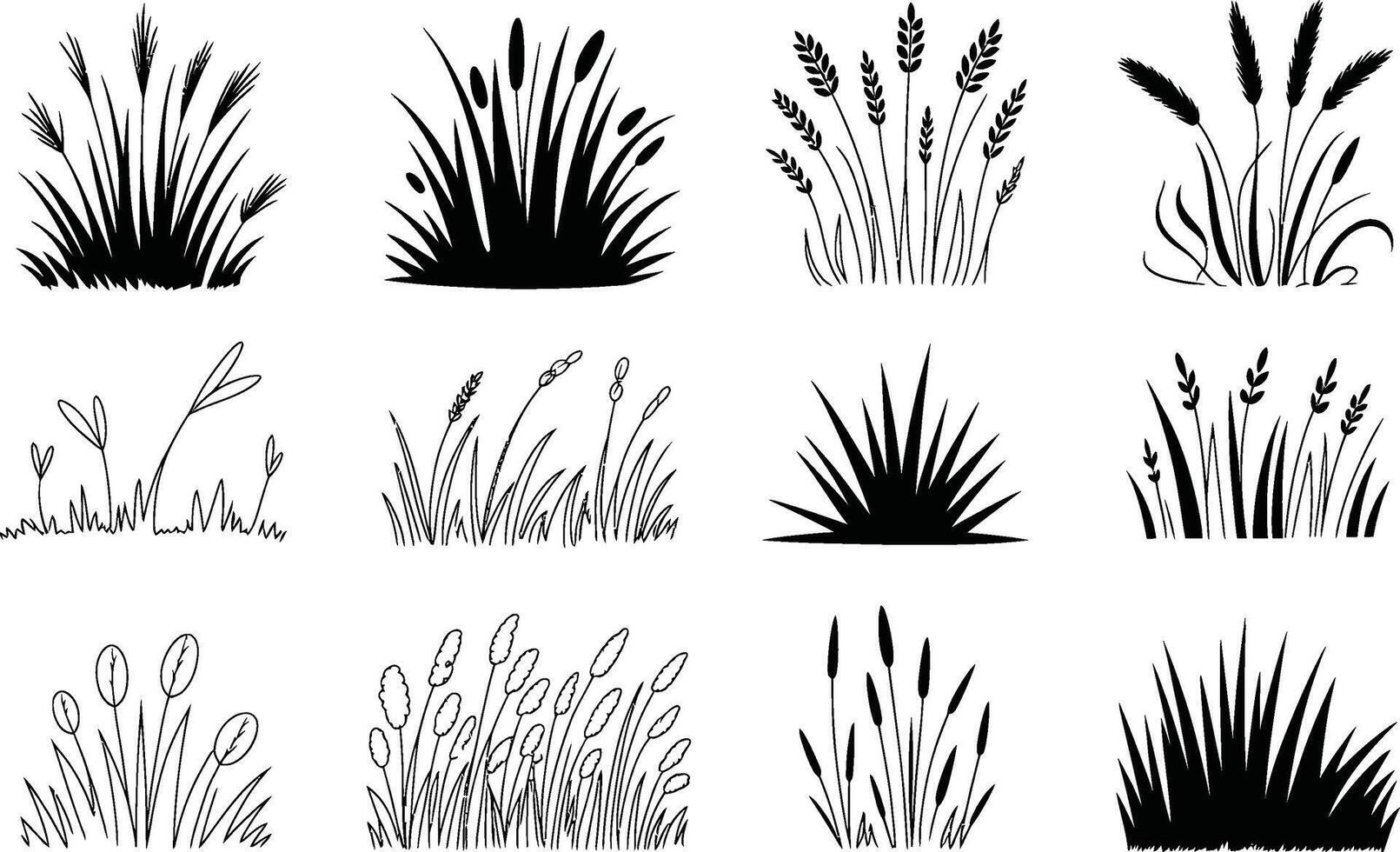 Collection of black and white grass silhouette illustrations for design and decorative elements vector