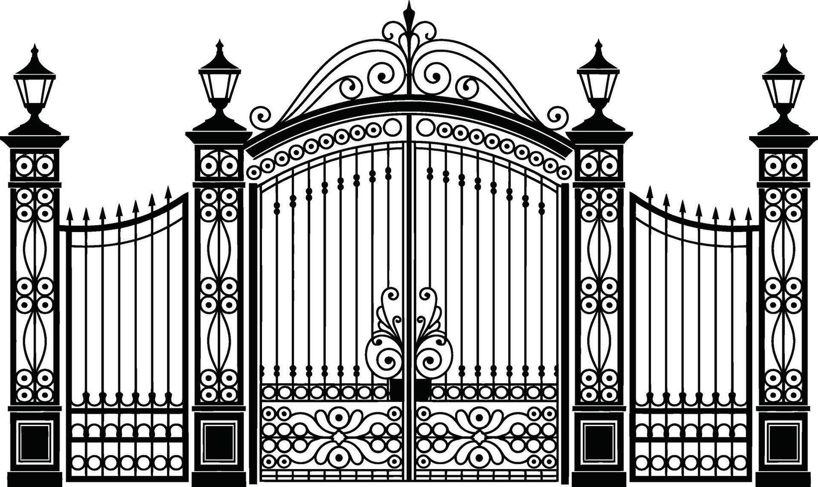 Elegant illustration of ornate wrought iron gate with detailed lamp posts and design vector
