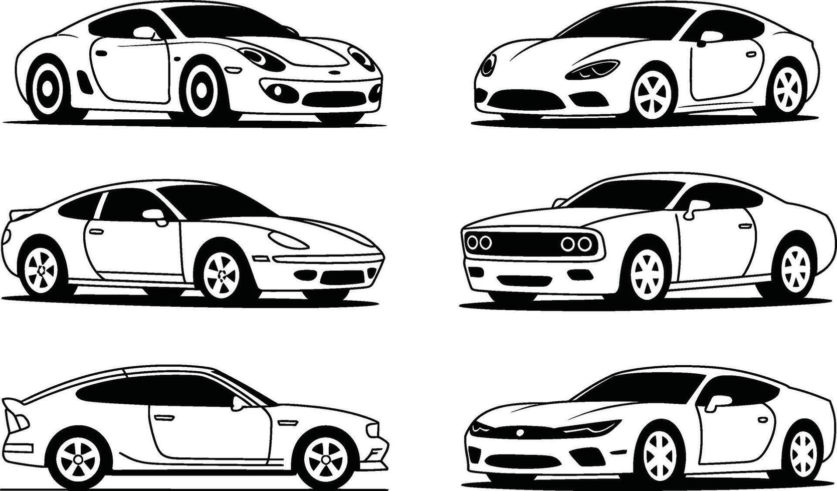 Set of six modern sports cars outlined in a black and white minimalistic style vector