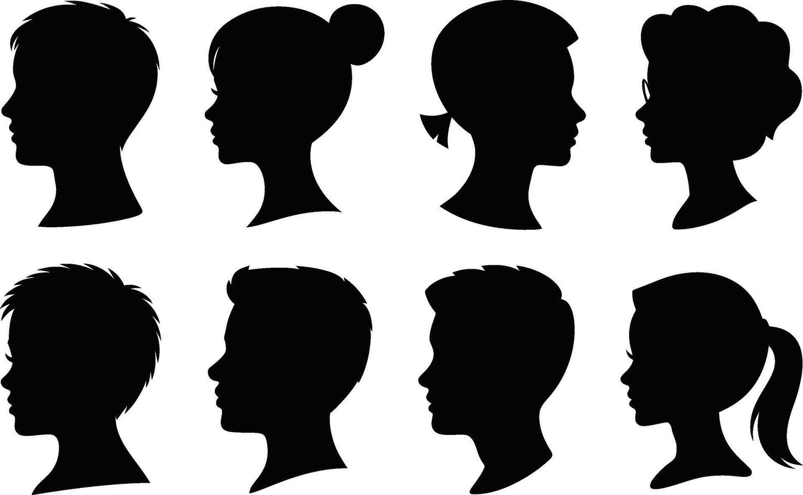 Silhouette collection of diverse heads depicting various hairstyles and profiles for design elements vector