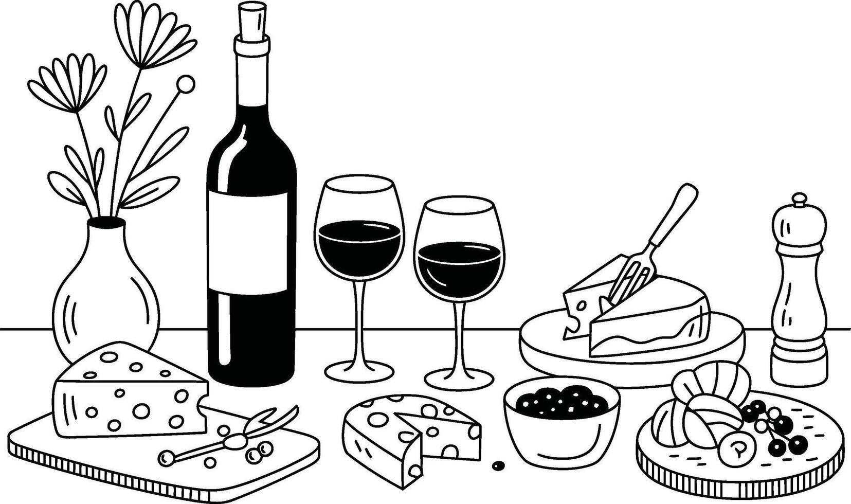 Elegant black and white illustration of wine cheese and charcuterie board for dinner party vector