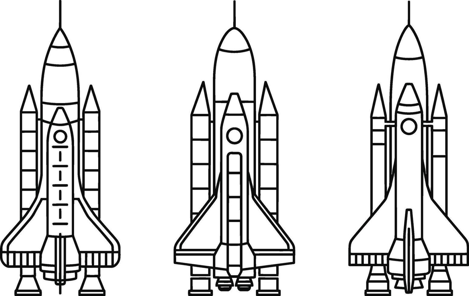 Black and white outlined space shuttle illustrations depicting aerospace engineering and exploration vector