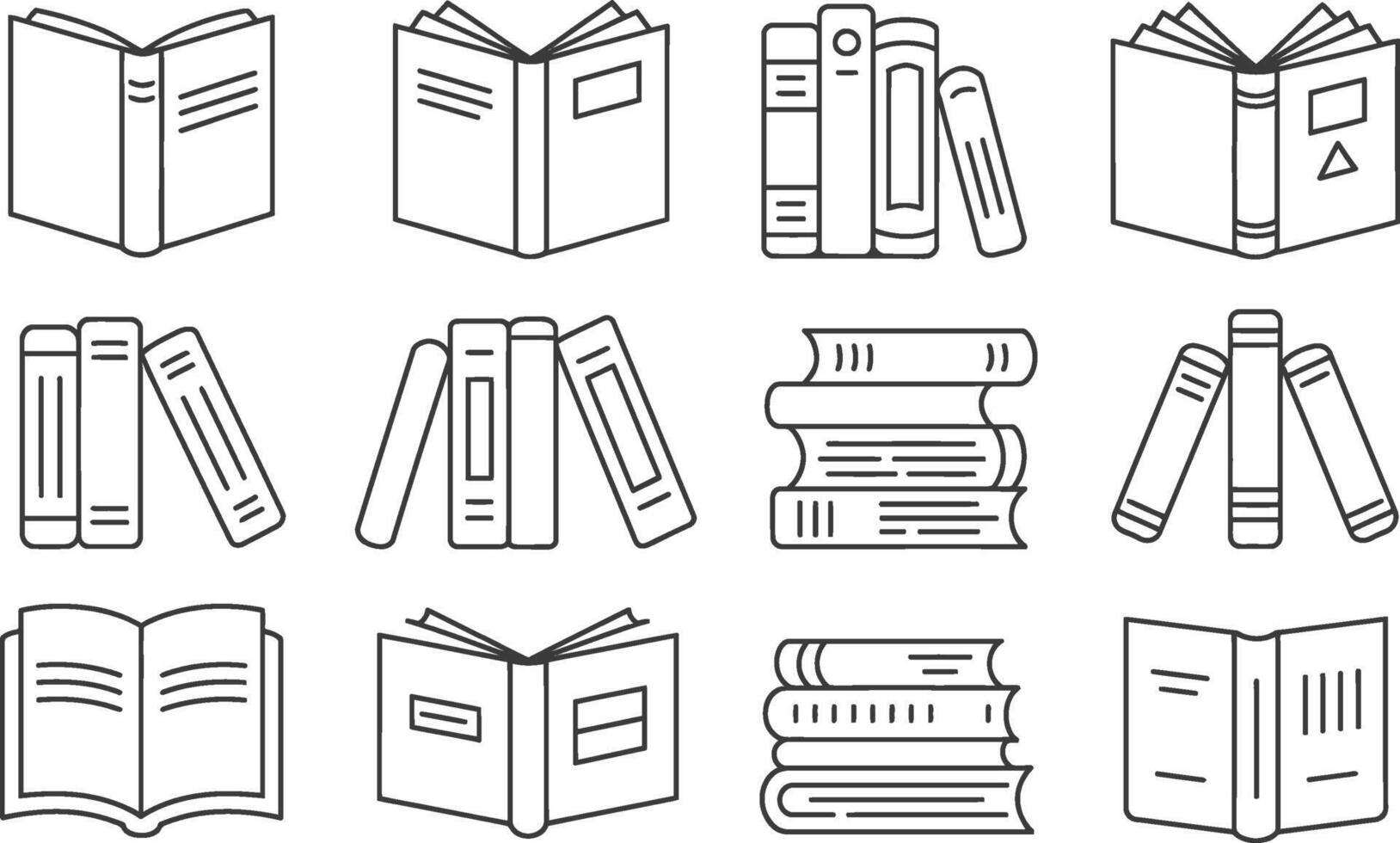 Simple outline illustrations of books in various arrangements for education and reading concepts vector