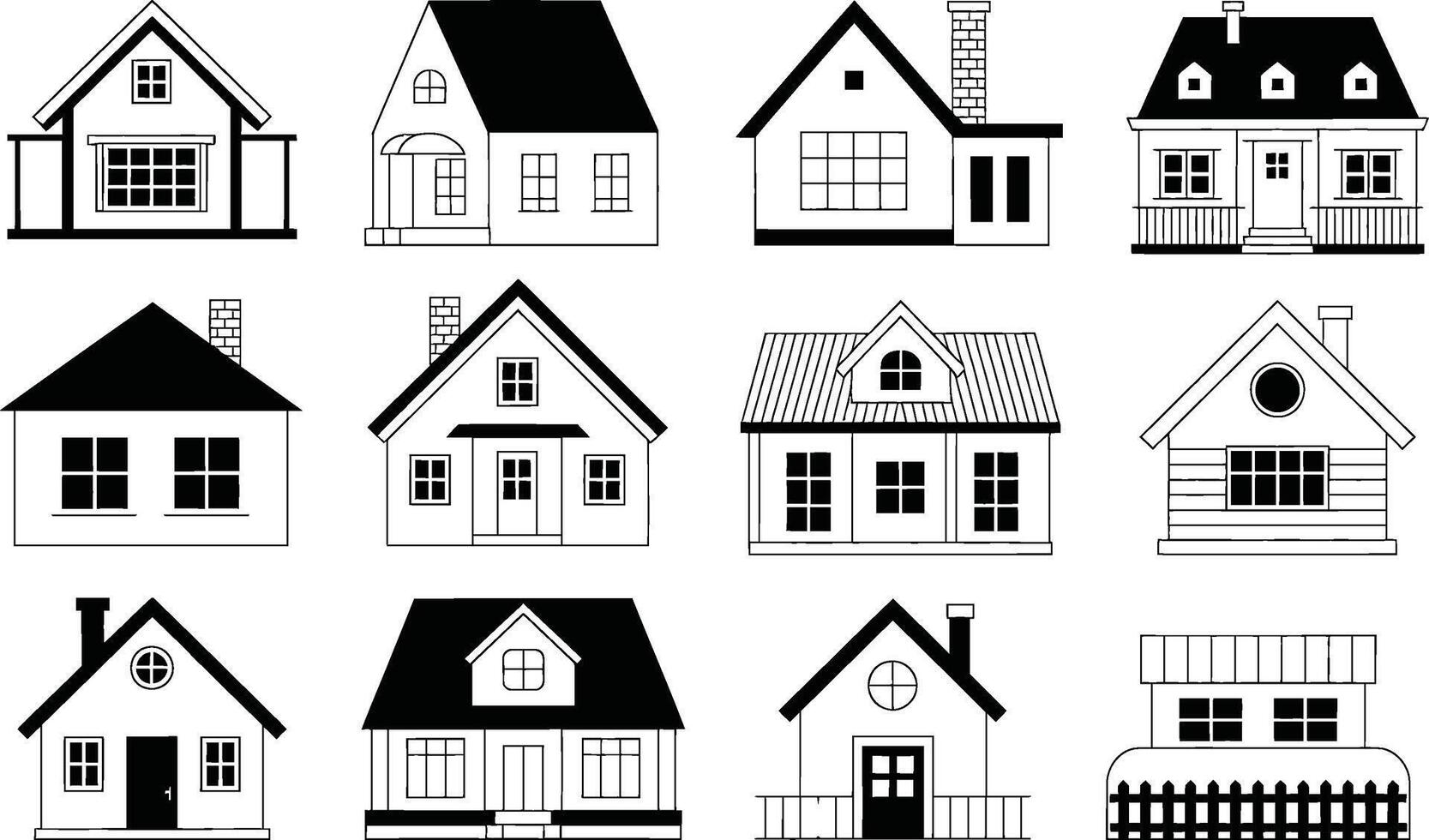 Set of black and white house illustrations representing residential architecture and home designs vector